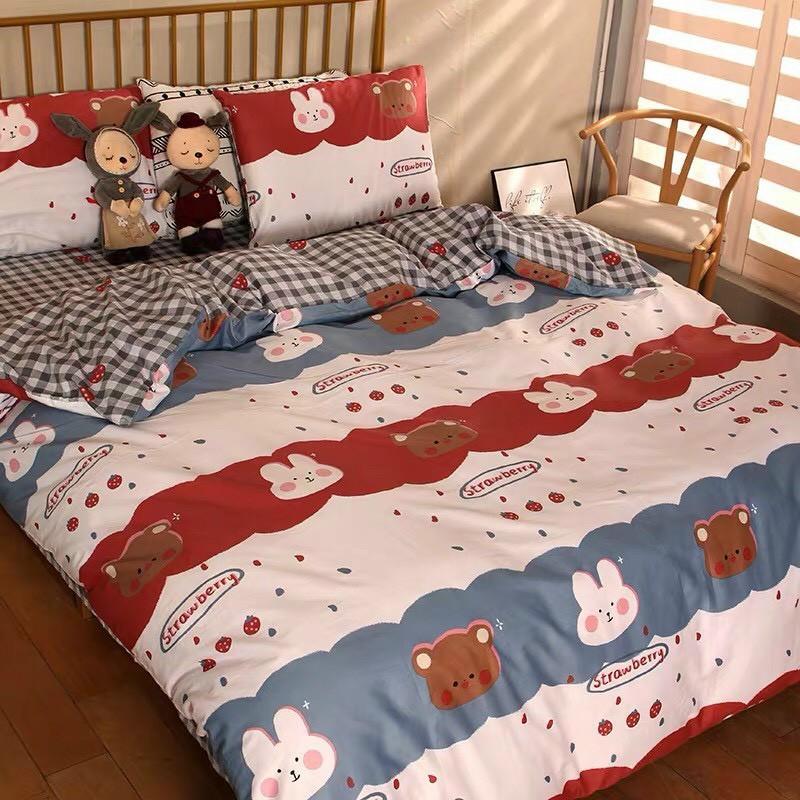 Bộ chăn ga cotton poly M2T Bedding chăn ga Hàn Quốc họa tiết Gấu và Thỏ đủ size miễn phí bo chun