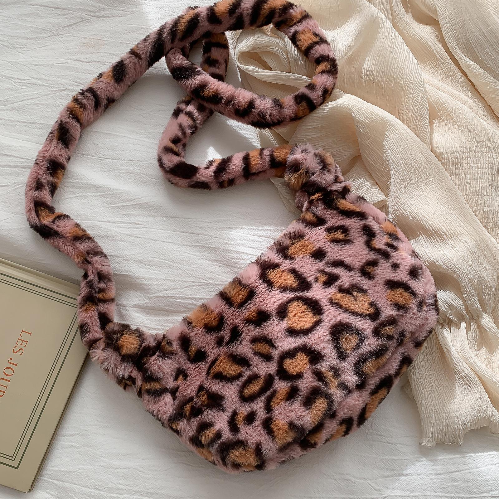 Women Faux Fur Tote Shoulder Bag Handbag Furry Leopard Print Top Handle Crossbody Shoulder Bag