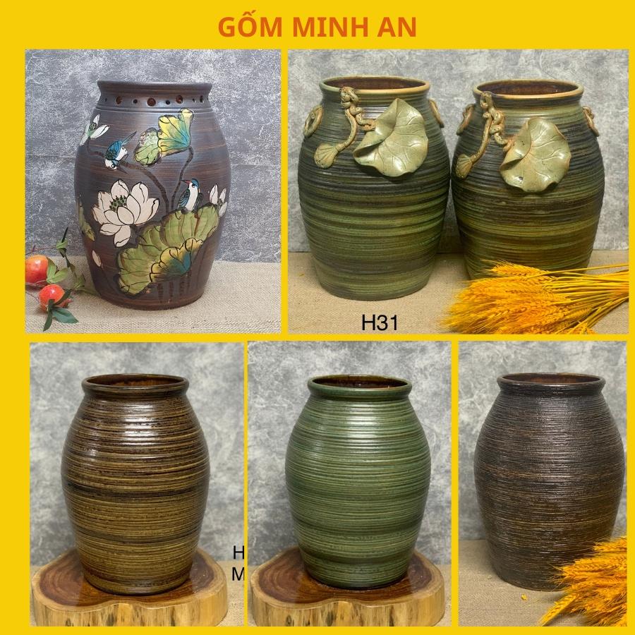 Bình Hoa Lọ Hoa Dáng Chum Miệng Rộng Đắp Sen Vẽ Hoa Văn Gốm Sứ Bát Tràng- Gốm Minh An- Lọ Hoa Đẹp