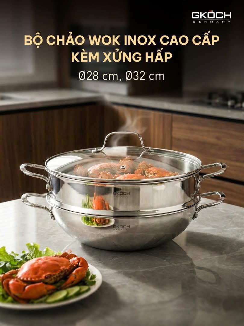 CHẢO WOK KÈM XỬNG HẤP GKÖCH – ĐẲNG CẤP BẾP ĐỨC Hàng chính hãng