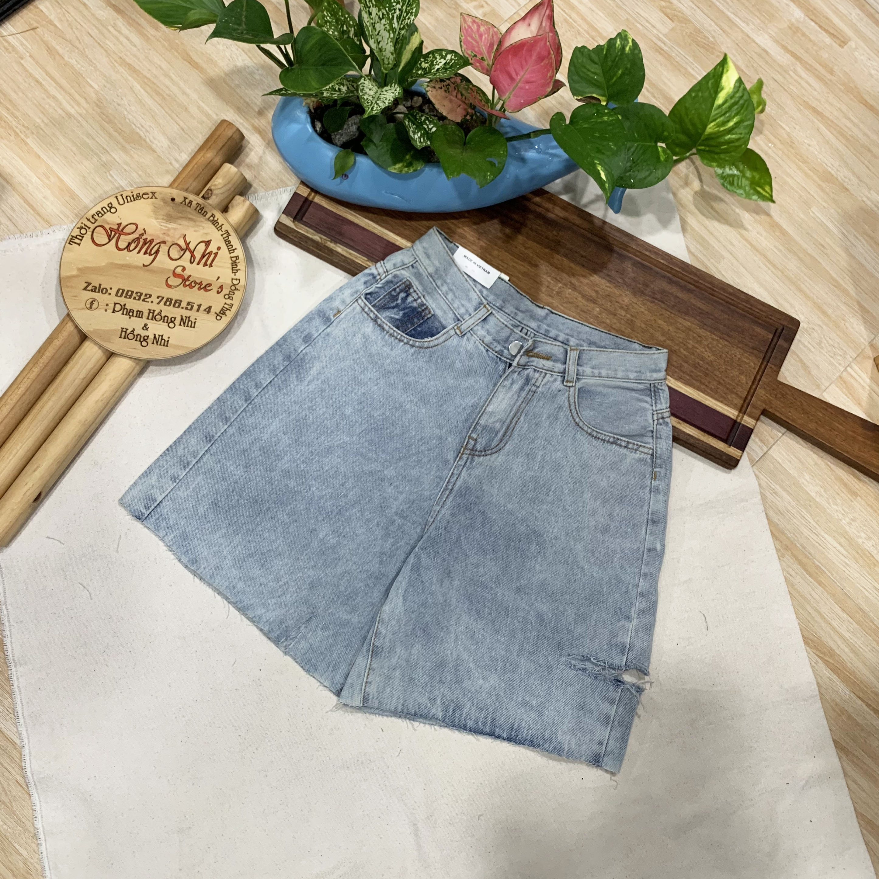 Quần Short Jean Ngố Đùi Rách Gối Tưa Lai Cạp Cao Ống Rộng Ulzzang - MM