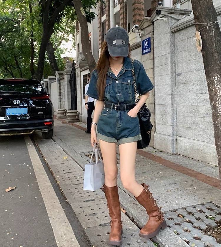 JUMPSUIT NGẮN ĐỒ BAY QUẦN ỐNG RỘNG SUÔNG TRƠN CỔ SƠ MI JEANS PLAYSUITS DENIM BO EO ĐI CHƠI ĐI PHƯỢT DẠO PHỐ  ĐI BIỂN