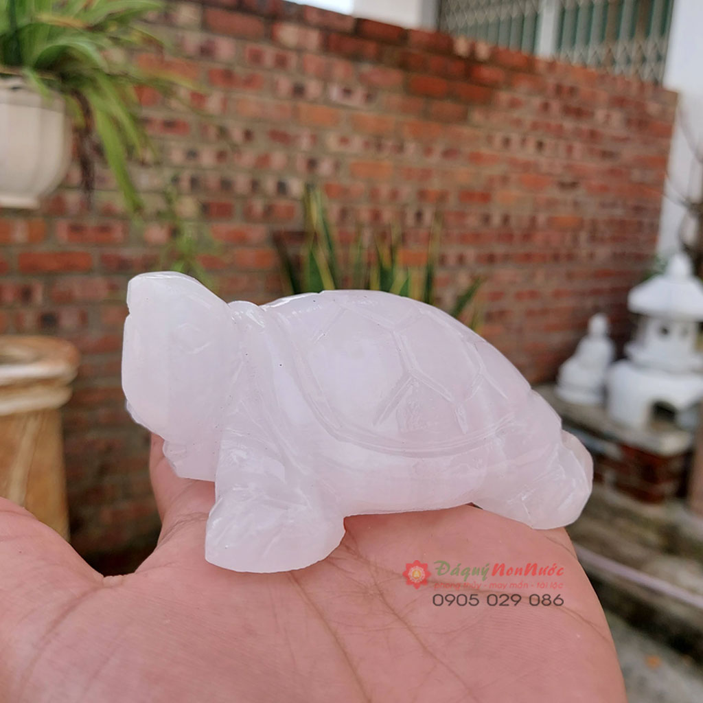 Tượng rùa phong thủy đá thạch anh hồng 9cm - đá Non Nước