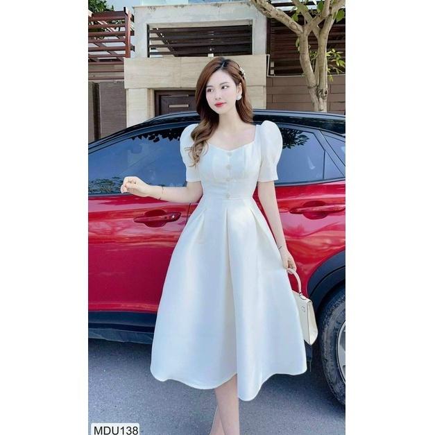 Đầm váy nữ xòe đính cườm cổ ( có mút ) màu trắng tinh khôi tôn dáng trẻ trung sang trọng thanh lịch siêu xinh Hàn Quốc