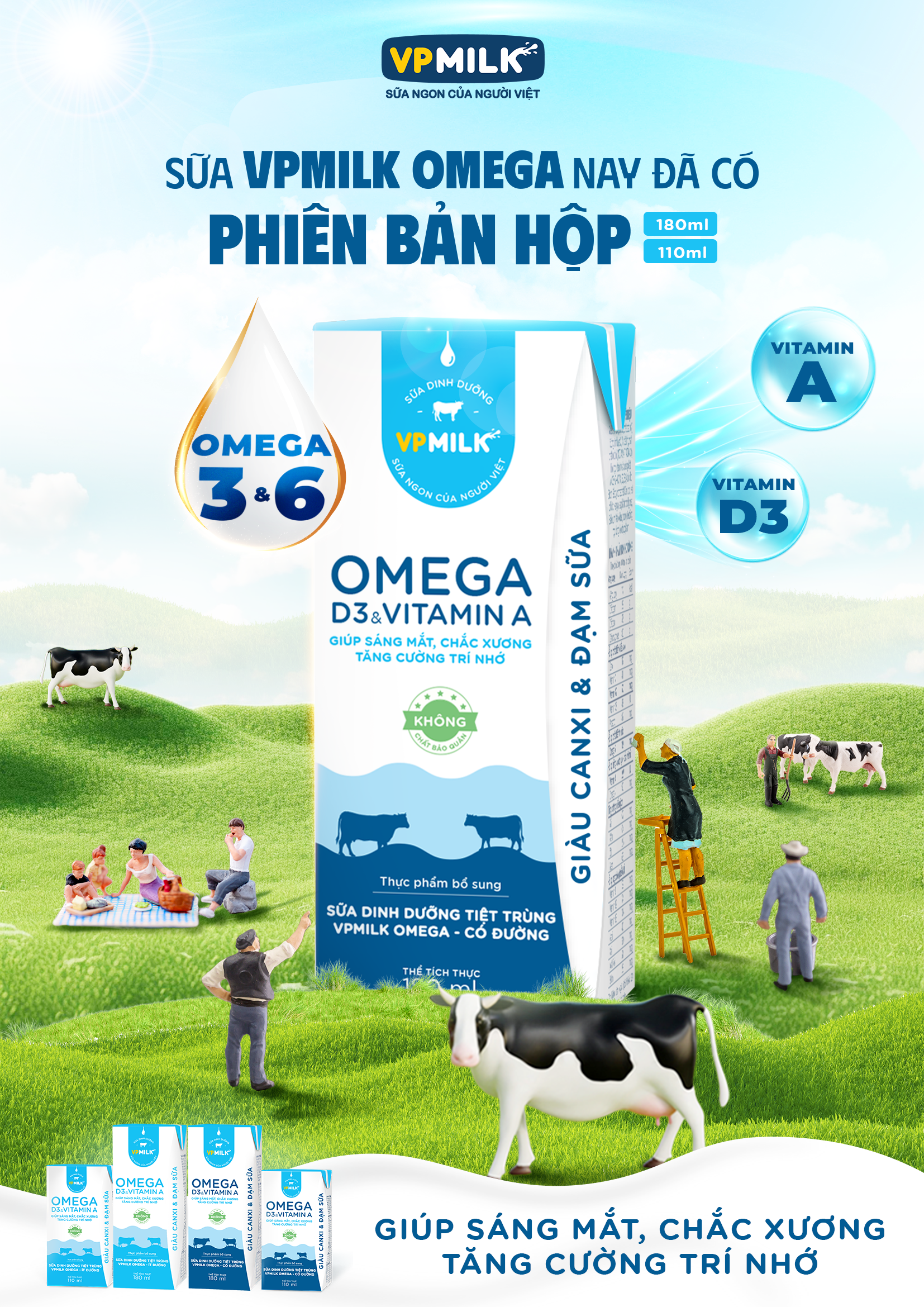 Sữa Dinh Dưỡng Tiệt Trùng VPMilk Omega Ít Đường dạng hộp cho bé trên 1 tuổi 180ml (thùng 48 hộp)