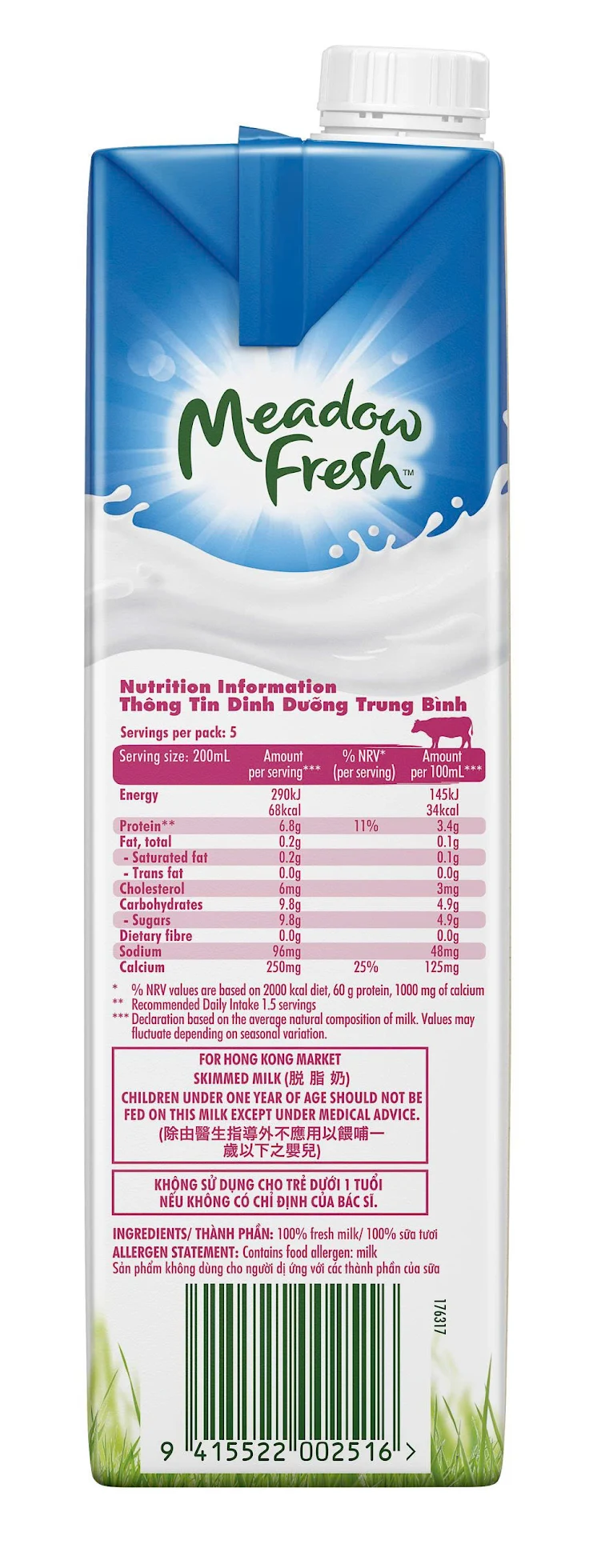 Thùng 12 hộp sữa tươi tiệt trùng tách béo Meadow Fresh 1L hàng New Zealand