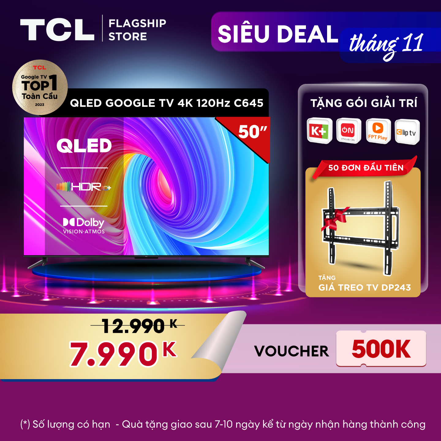 [SẢN PHẨM MỚI 2023- Hàng chính hãng] QLED TV 4K UHD - Tivi 50'' - TCL 50C645 - Tivi 50 inch - Tivi cao cấp