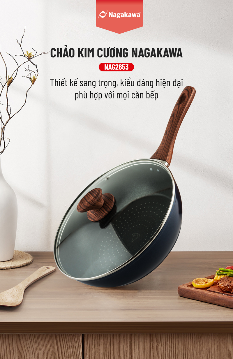 Chảo Sâu Lòng NAG2653 Đáy Từ 5 Lớp Chống Dính Vung Kính Siêu Bền Nagakawa - Dùng Trên Mọi Loại Bếp - Hàng Chính Hãng