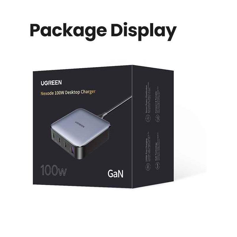 Ugreen UG90928CD328TK 100W Màu Đen Bộ sạc nhanh Nexode chip GaN gồm 2 cổng USB-C + 2 cổng USB-A kèm dây cápnguồn dài 2M chuẩn cắm EU - HÀNG CHÍNH HÃNG