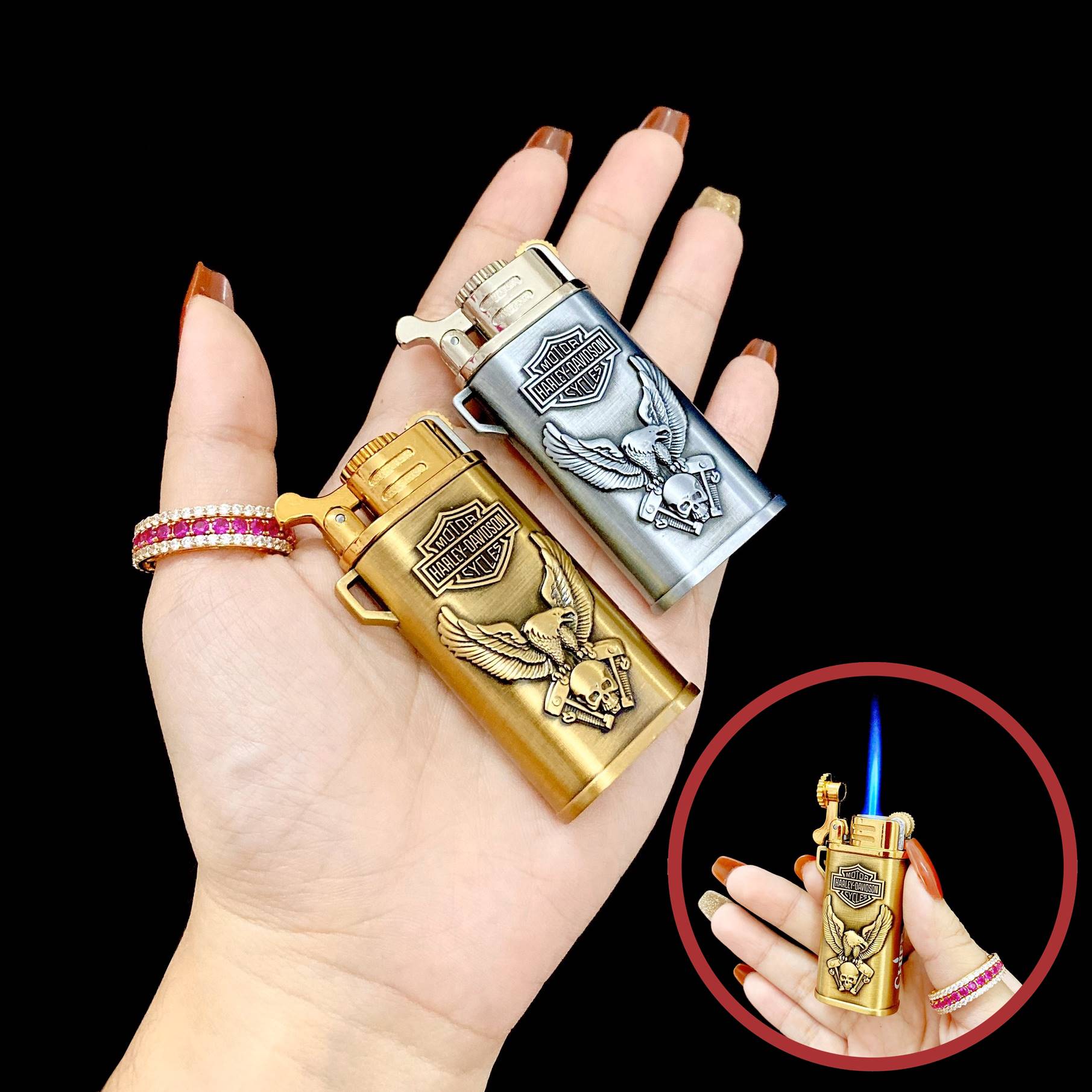Hộp quẹt bật lửa khè gas đá rãnh tay Chief CF220D hình đại bàng logo "Harley-Davidson" -