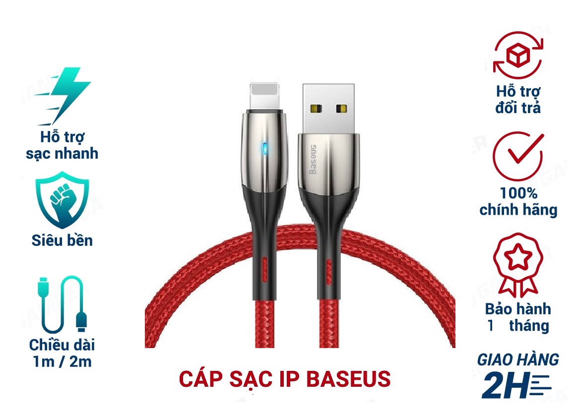 Cáp Sạc Nhanh Baseus Horizontal Data Cable - Dùng Cho iPhone iPad - Trang Bị Đèn Led - Công Nghệ Chống Đứt Gãy SR - Hàng Chính Hãng