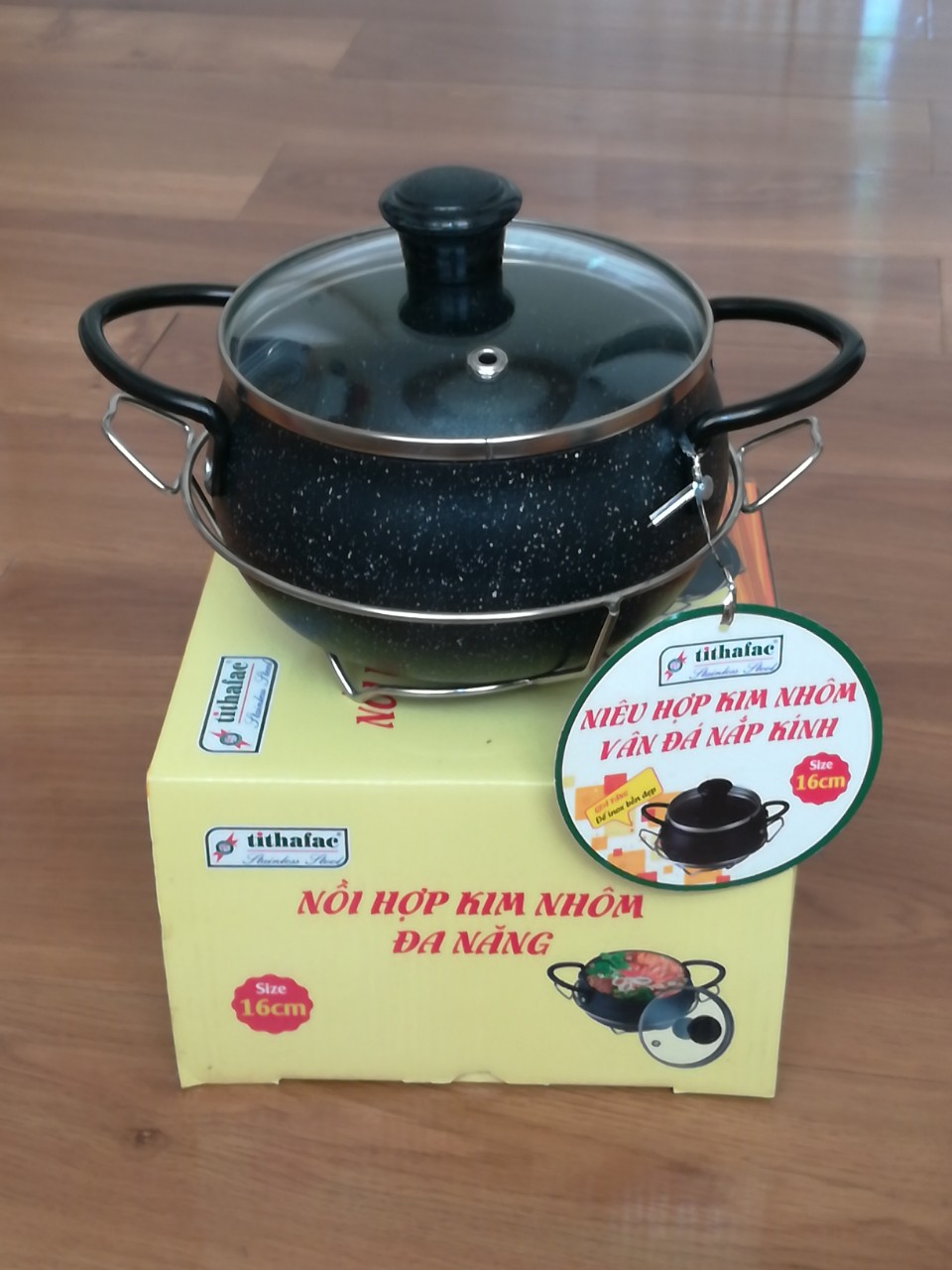 *Nồi Cơm Niêu Hợp Kim Nhôm Đa Năng Tithafac 12cm 14cm 16cm Tặng Kèm Đế Inox Bền Đẹp