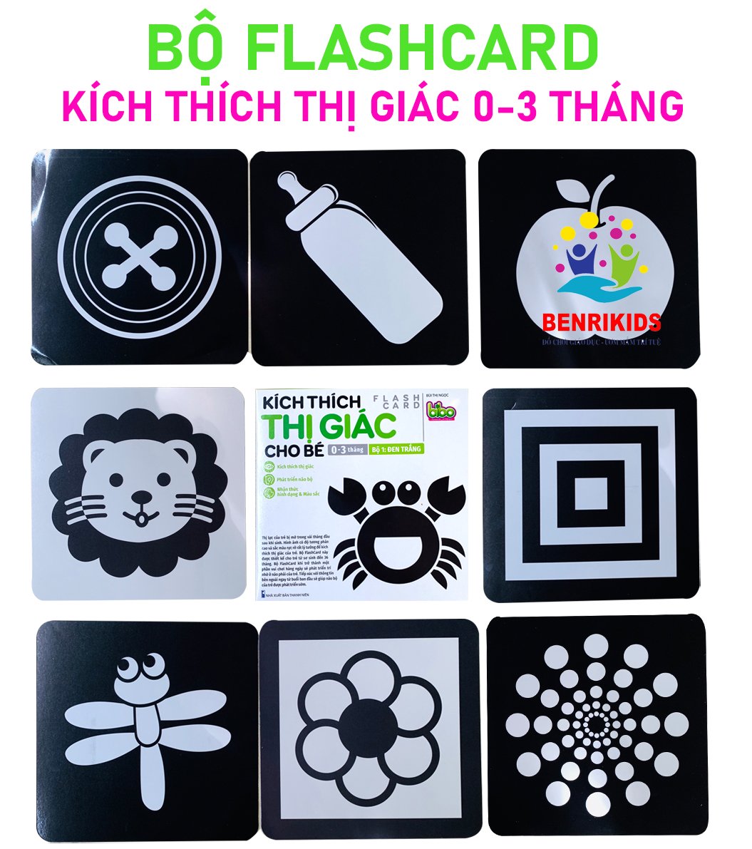 Bộ Thẻ Kích Thích Thị Giác Và Não Phải Cho Bé Từ 0-36 Tháng- Bé Phát triển Toàn Diện Chuẩn Phương Pháp Montessori, Khổ 21x21cm, In 2 mặt