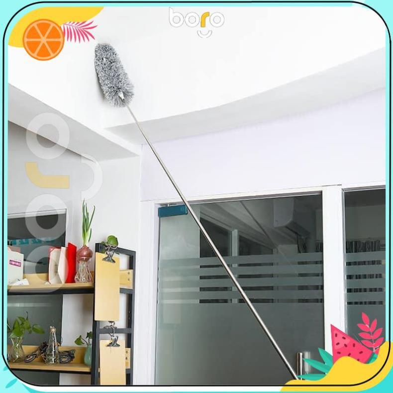 Chổi lau quét bụi trần nhà điều chỉnh độ cong, cán inox rút gọn kéo dài tới 2,8m, có thể tháo rời bông lau để giặt sạch