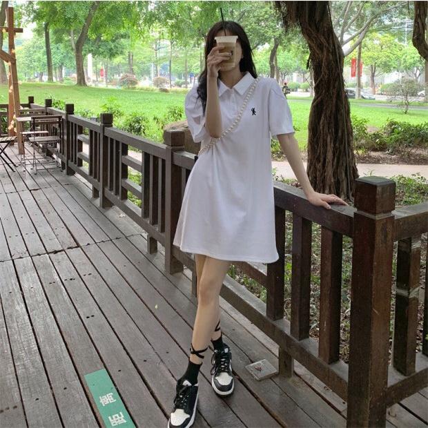 Đầm Polo Suông Tay Bồng Logo Ngực Cộc Tay Dáng Rộng