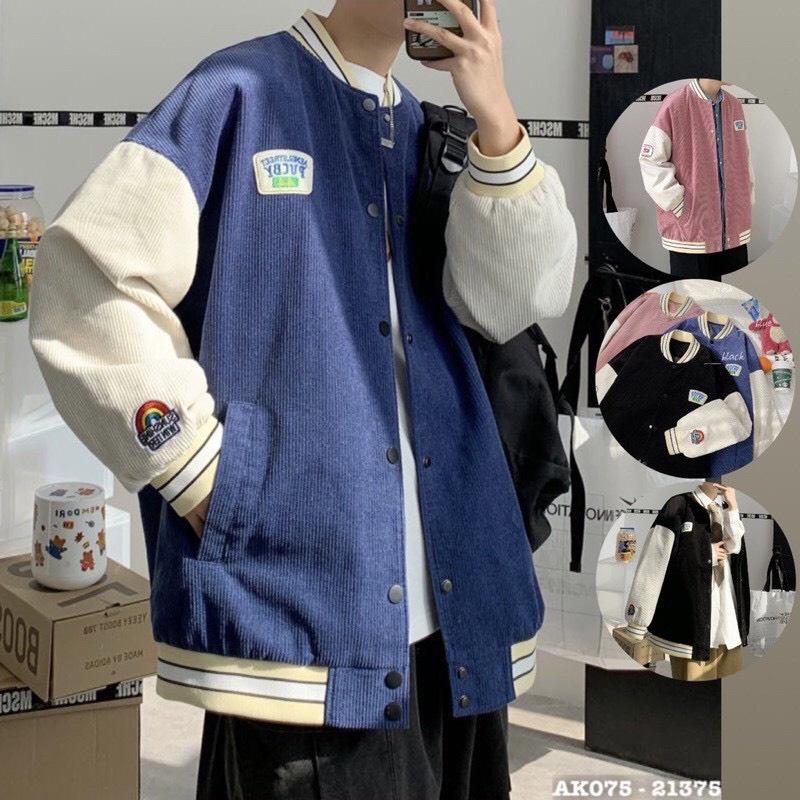 Áo Khoác Bomber Jacket Nhung Gân Tăm Thêu LOGO PUCBY Varsity Form Rộng Unisex Nam Nữ Ulzzang