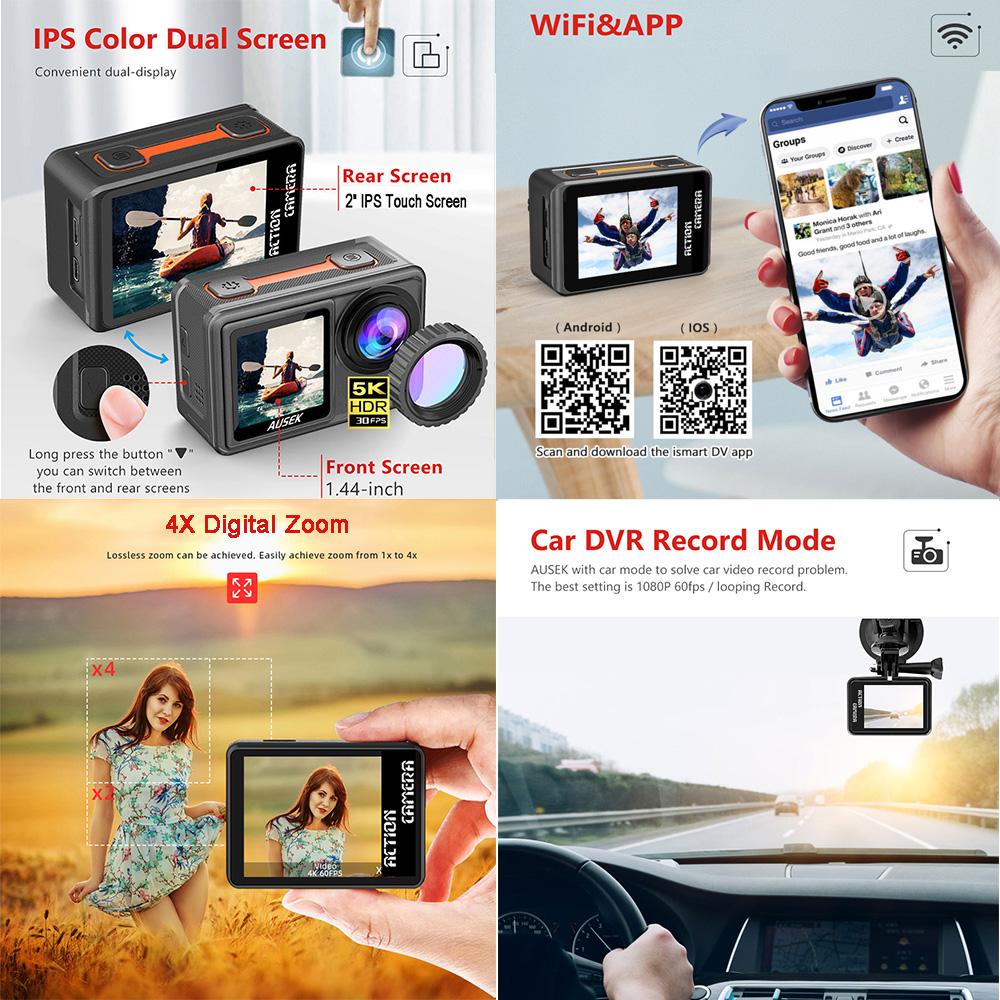 Camera Hành Động Màn Hình Kép 2 "IPS 5K 30FPS 4K 60FPS 48MP EIS Video Với Ống Kính Lọc Tùy Chọn 1080P Webcam Vlog WiFi Cam Thể Thao