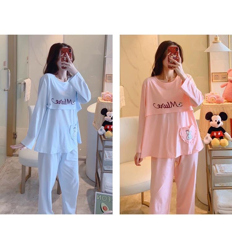 Bộ đồ mặc nhà sau sinh MLURE cotton dài tay thiết kế lật ti tiện lợi BD943