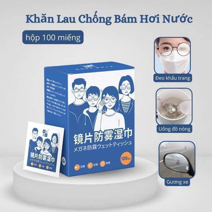 Khăn lau kính Lens anti fogging wipes /chống bám hơi nước, mờ sương, sạch bụi bẩn và dấu vân tay, Công nghệ Nano Nhật Bản - Hộp 100 Miếng,khăn giấy Lau Mắt Kính Giày Xe