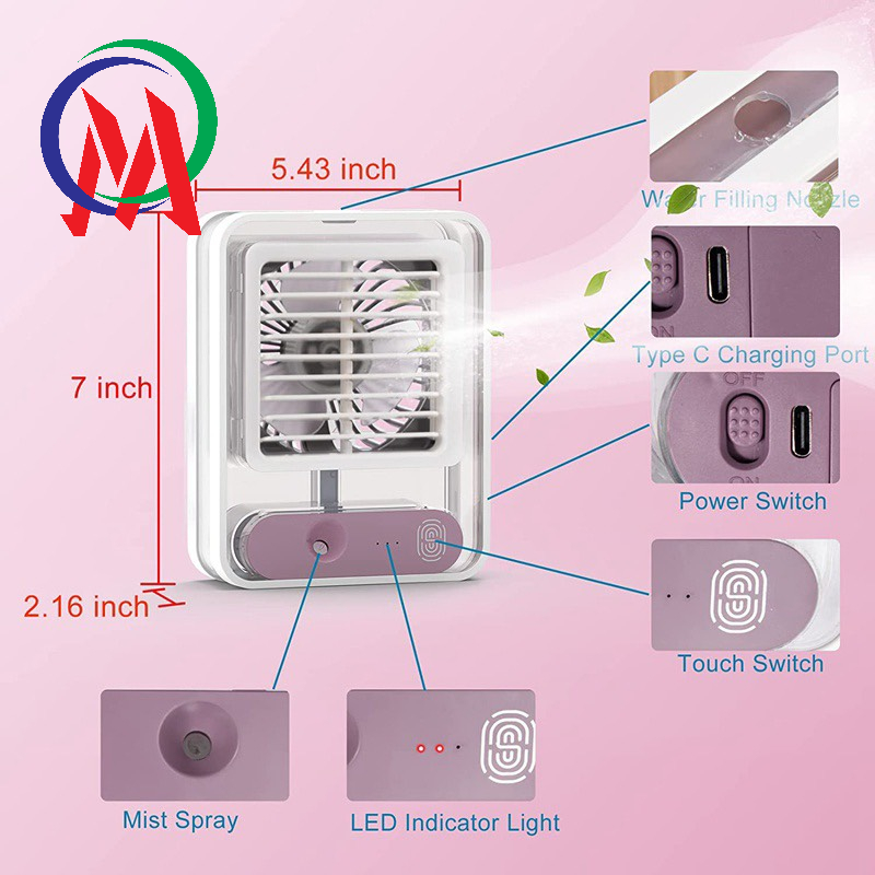 Quạt điều hoà mini để bàn, quạt phun sương sạc tích điện trong suốt 3 cấp độ gió dung tích bình 300ml