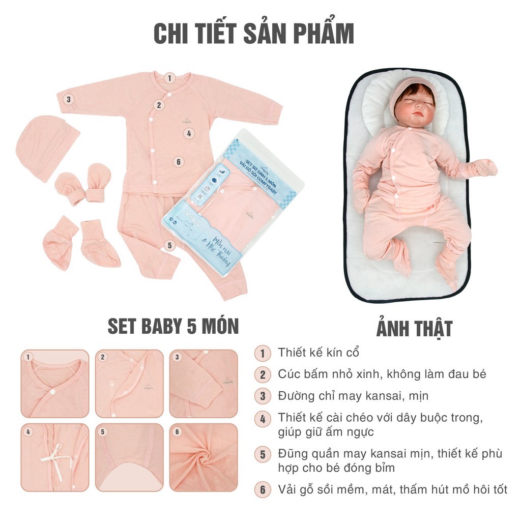 Set quần áo sơ sinh cài chéo 5 món (bao chân tay, mũ) vải Modal làm từ sợi cây sồi siêu mềm và thoáng khí cho bé ComfyBaby