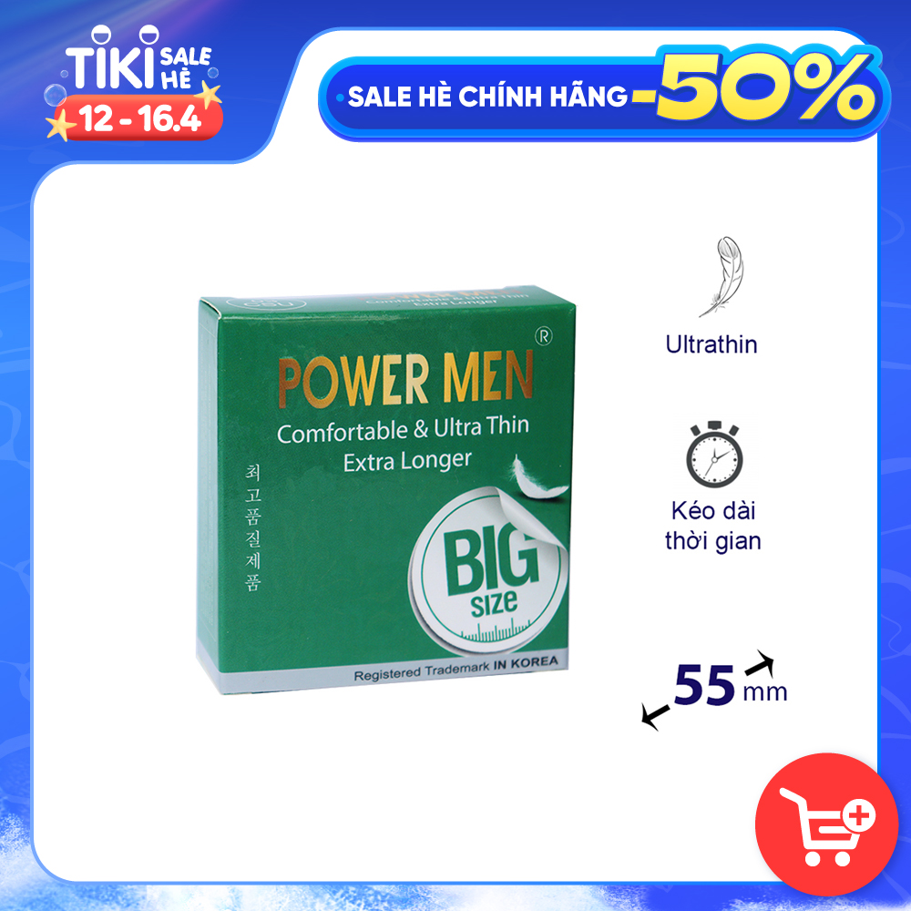 Bao cao su POWER MEN Hộp 3 bcs siêu mỏng, kéo dài size lớn 55mm, nhiều gel bôi trơn