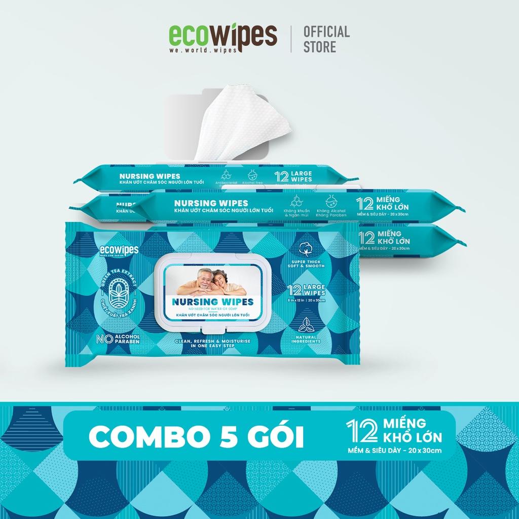 Combo 05 gói khăn giấy ướt vệ sinh NursingWipes gói 12 khăn size lớn 30x20cm lau người lớn tuổi, người bệnh dùng 1 lần