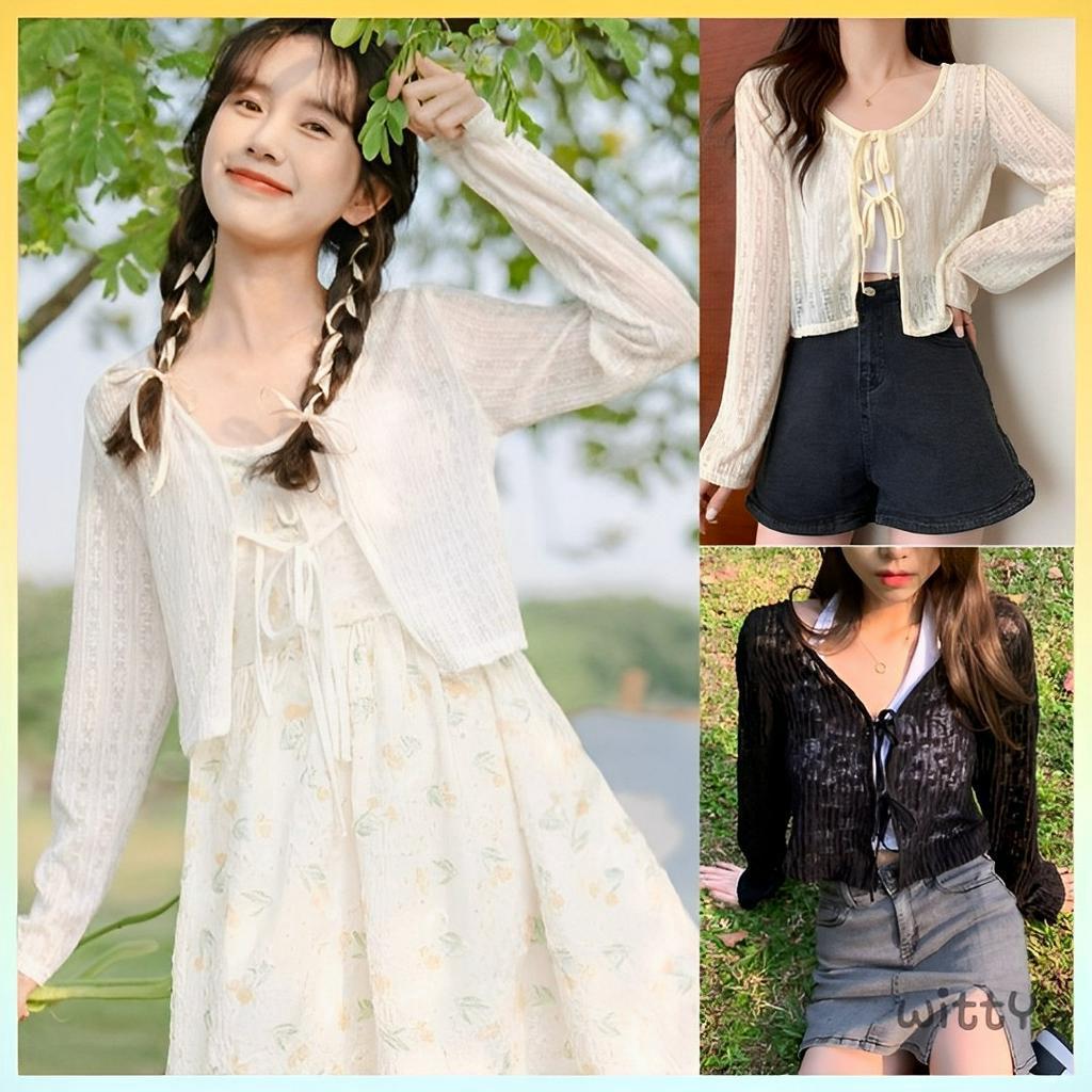 [L2M] Áo KHOÁC len nữ Cardigan CỘT 2 DÂY NƠ tay dài mỏng nhẹ dịu dàng