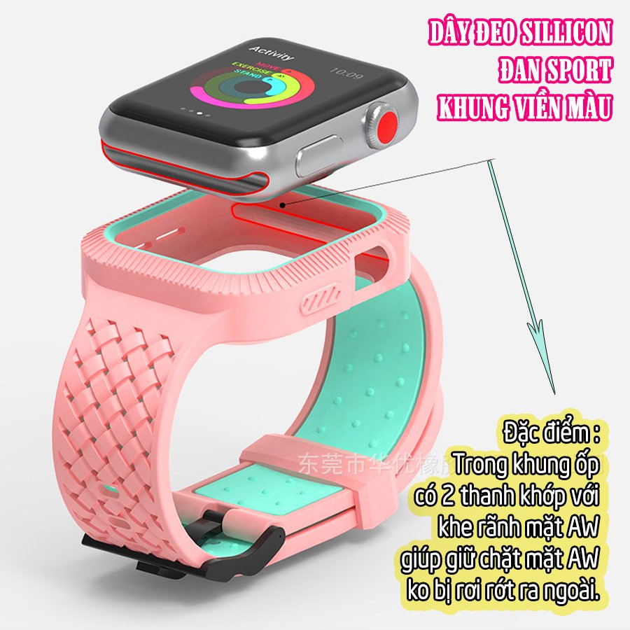 Mua Dây Đeo Apple Watch Tặng Miếng Dán Cường Lực Apple Watch Series Se/6/5/4/3/2/1 - Dây Đeo Apple Watch sillicon đan Sport liền ốp khung viền màu size 38/40/42/44mm - đủ màu