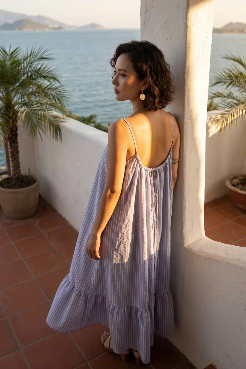 Đầm Maxi Hở Lưng Cotton Sọc Xanh Biển Vân Hy Dre217 Thời trang Hity