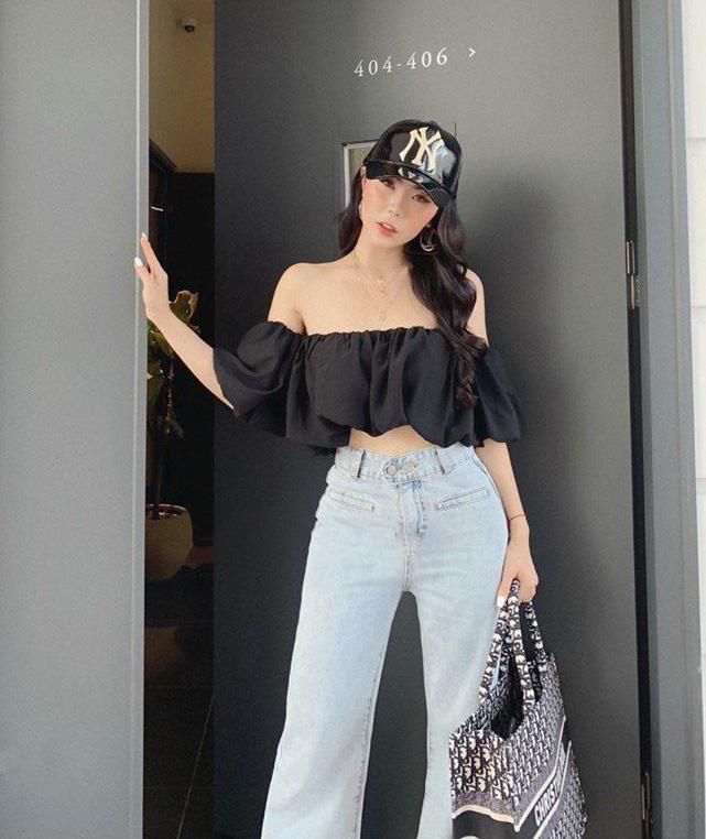 Áo croptop trễ vai nhún phồng