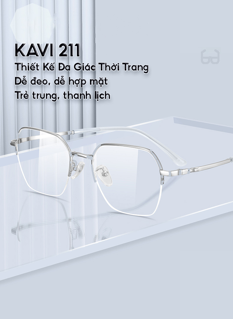 KAVI 211 - Kính Đổi Màu Khi Ra Nắng Gọng Kim Loại Nửa Viền Cao Cấp Dáng Lục Giác