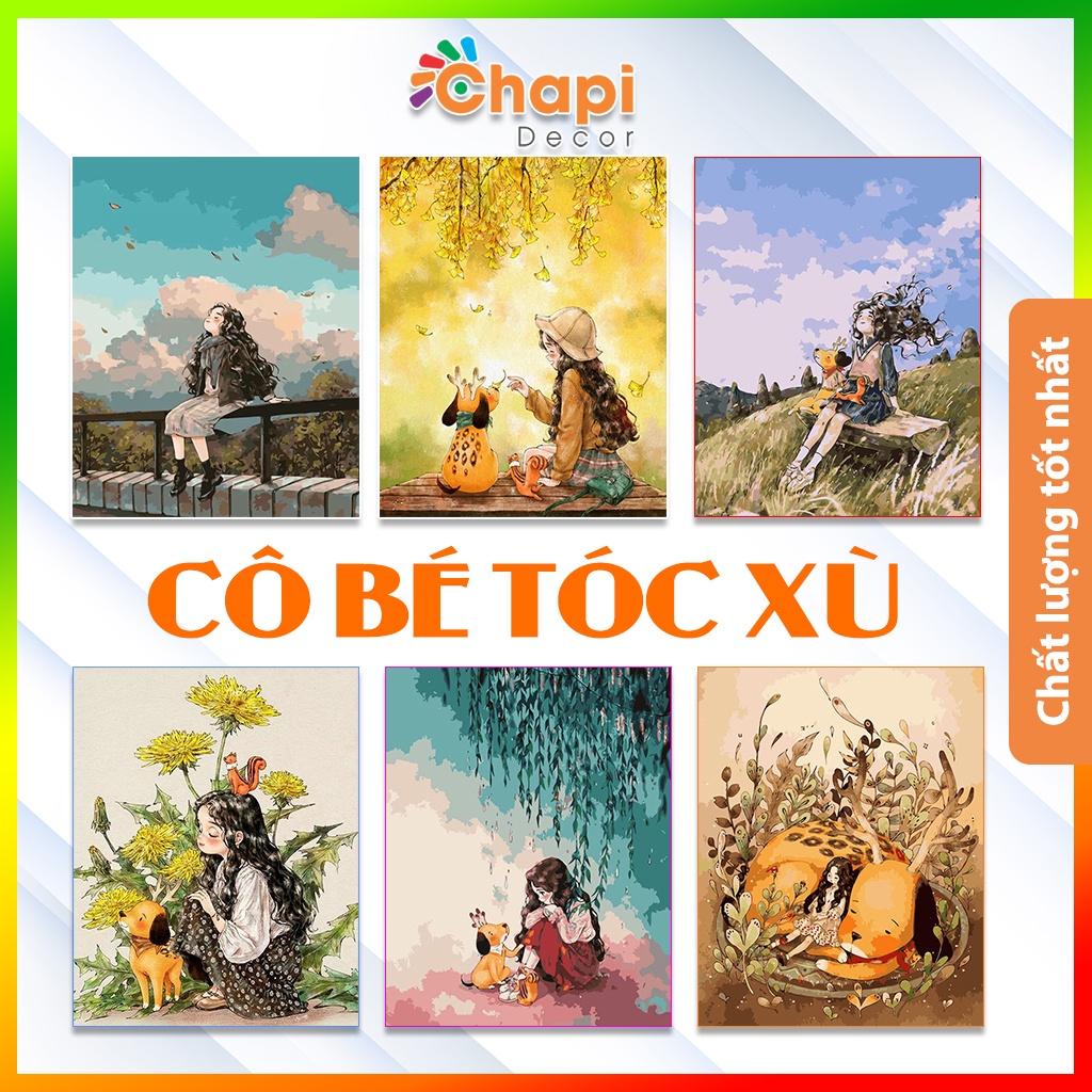 Tranh tô màu số hóa Chapi Cô Bé Tóc Xù KT 40x50cm đã căng khung, Có dầu bóng