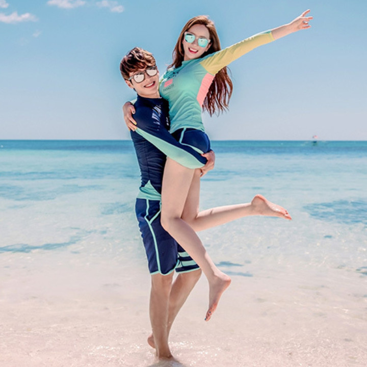 Đồ Bơi Cặp Năng Động Tay Dài Che Nắng Biển Xanh ATI72 MayBlue Couple Swimsuit, Long Sleeves, UPF50 Sun Protection, Đồ Bơi Nam Nữ