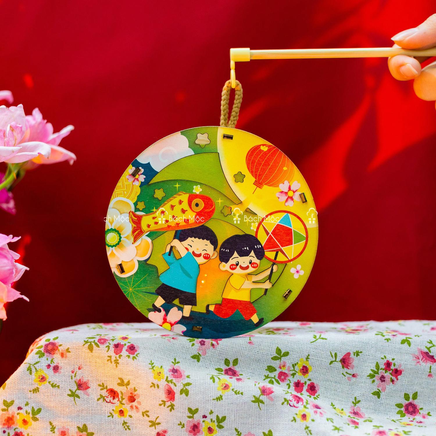 Lồng Đèn Trung Thu Gỗ 2 Mặt Màu - Bách Mộc - Rước Đèn Tròn
