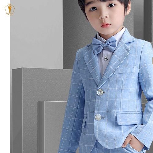 Set bộ vest TRAZ công tử karo màu sáng xám xanh vest đầy tháng thôi nôi bé trai