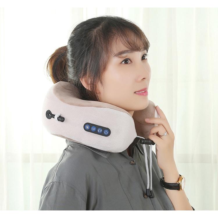 Gối Massage Trị Liệu Vai, Cổ, Gáy Chữ U Thông Minh 3 Chế Độ Dùng Pin Sạc