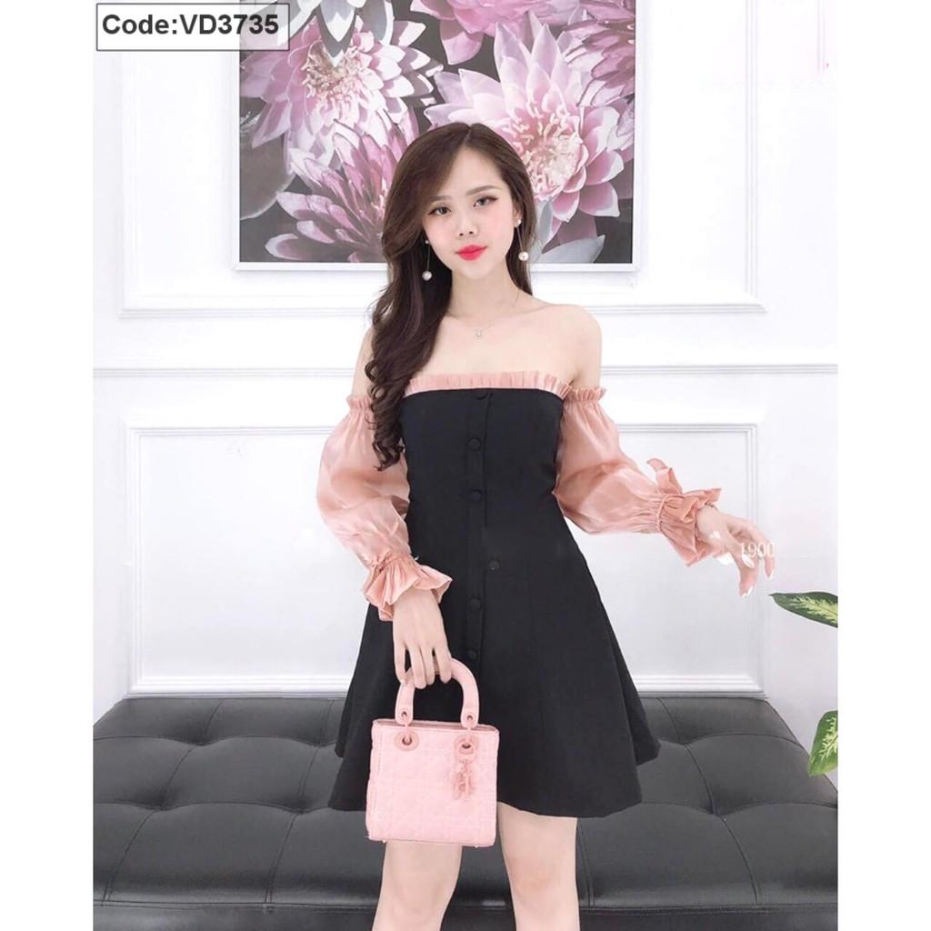 Đầm Đen Trễ Vai Tay Dài Bo Cổ Tay Có Nút Giữa mã VD3735125