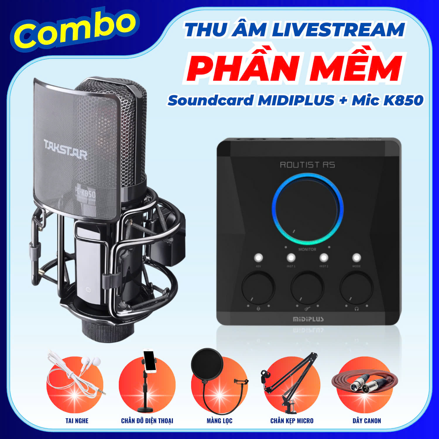 Combo chuyên Thu Âm Dùng Phần Mềm Livestream Chuyên Nghiệp sound card Routist RS GEN II và micro thu âm Takstar  K850 hàng nhập khẩu