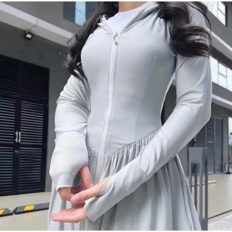 Áo khoác chống nắng nữ toàn thân cao cấp mũ trùm đầu tay xỏ ngón UPF50+ Size XL 53-66kg XANH THAN Vải THUN LẠNH Co Dãn 4 Chiều Dày Dặn Làm Mát | Thời Trang | Đa Dụng  - ÁO KHOÁC CHỐNG NẮNG NỮ