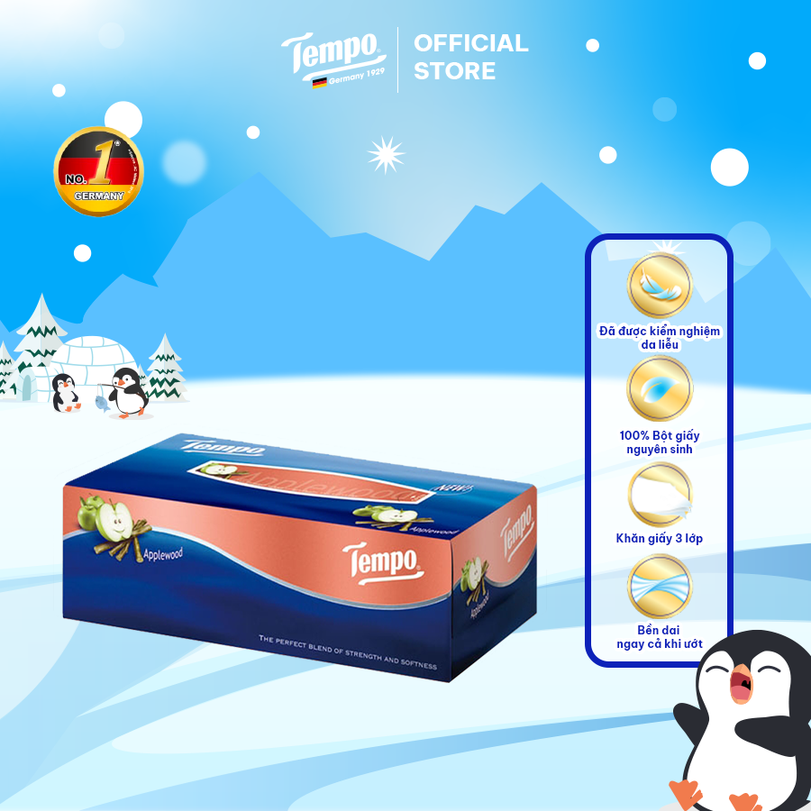 [HỘP LẺ] Khăn giấy hộp rút cao cấp Tempo - 3 lớp bền dai, không kích ứng da - Thương hiệu Đức, Hương Gỗ Táo