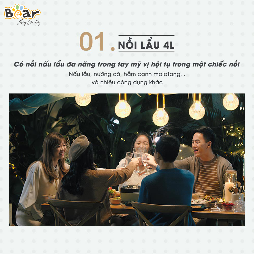 [Hàng Chính Hãng] Nồi Lẩu Nướng 3 Khay Đa Năng (3 in 1) Bear SUBE004, khay lẩu 4 lít, khay bánh 6 khuôn nhỏ tròn, khay nướng thịt với công suất 1200W, có thể tự điều chỉnh nhiệt độ và tăng nhiệt nhanh chóng với mức lửa lớn