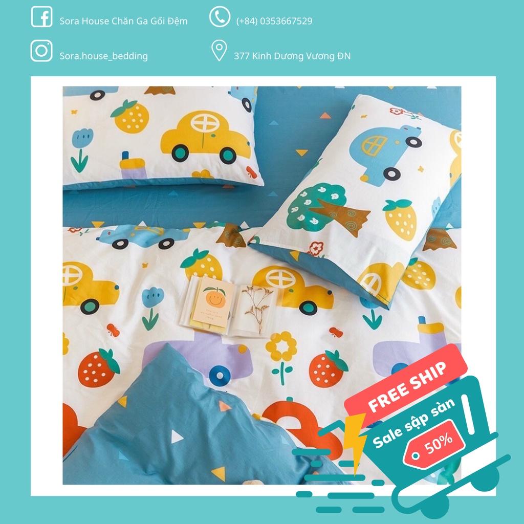 Bộ Chăn Ga Gối Cotton Living Xe Ô Tô Xanh