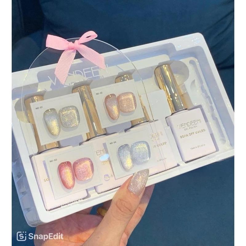 Set Sơn Mắt Mèo Ánh Trắng Kim Cương VENDEENI 4 Màu Siêu Sáng Sơn Gel thạch đỏ Đậm Mướt Tặng Kèm Bảng Màu Cao Cấp Nữ Women ombre
