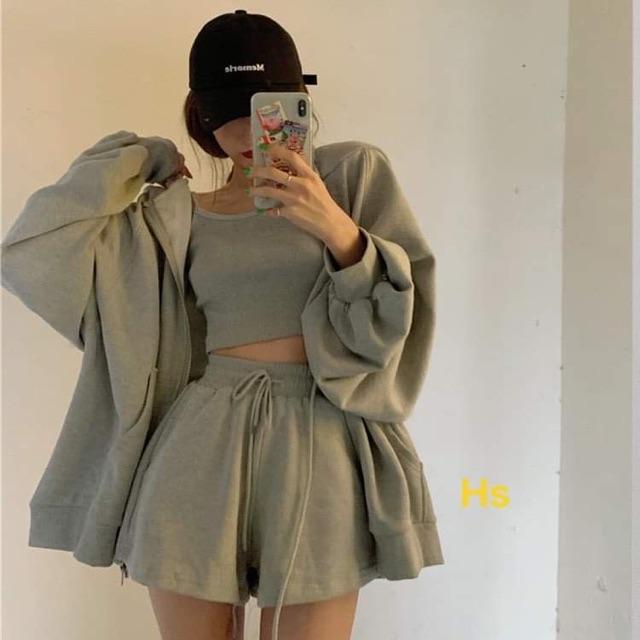 Sét Áo Hoodie Nam Nữ Thu Đông Đẹp Giá Rẻ In Hoạt Hình 3D Chất Nỉ Tixi - Sét ba món hoodie trơn+ áo dây HSU1