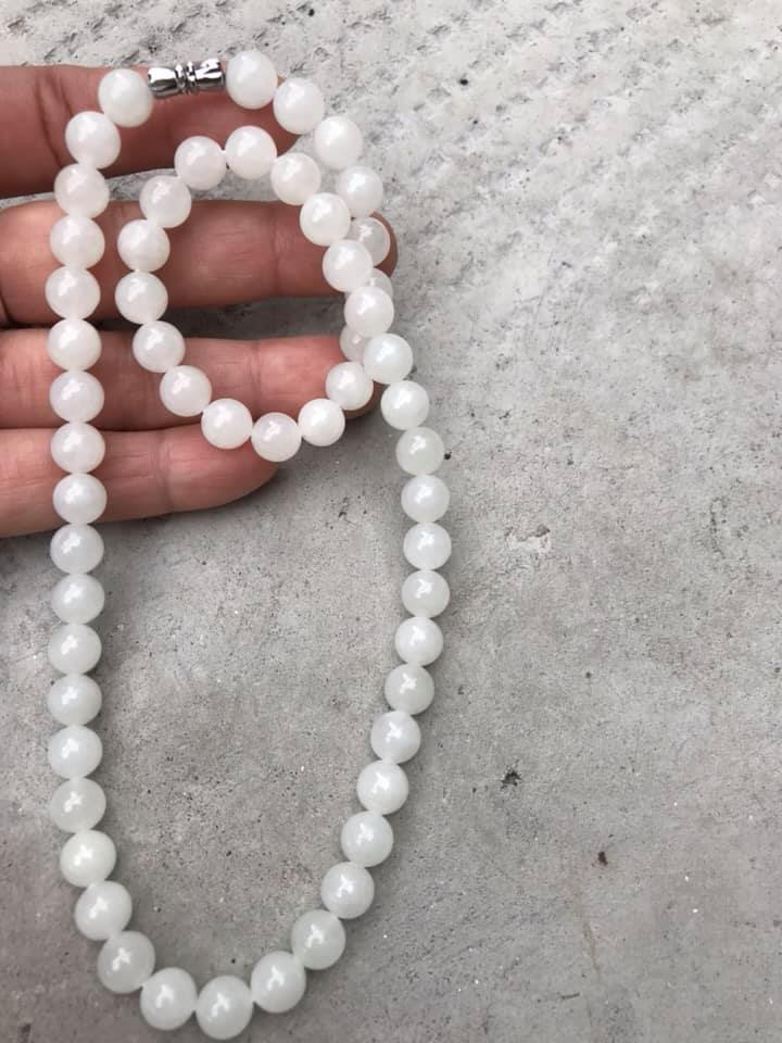 Vòng Chuỗi Đeo Cổ Đẹp Mới Đá Ngọc Hoà Điền Tự Nhiên Size 8mm Màu Trắng Ngọc Đẹp Nữ mệnh Kim mệnh Thủy ạ