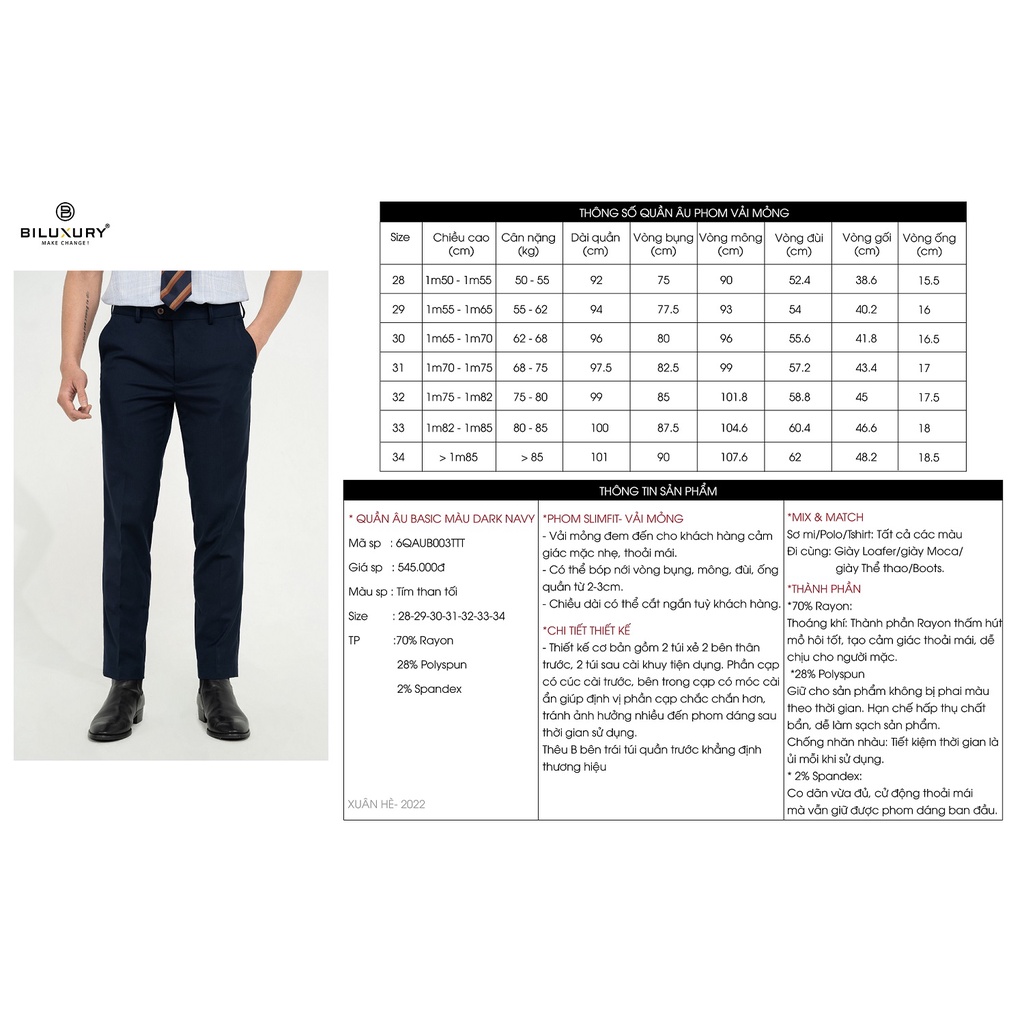 Quần âu nam quần tây Biluxury 7QAUB003TTT chất vải mềm mịn mỏng nhẹ phom dáng trẻ trung năng động