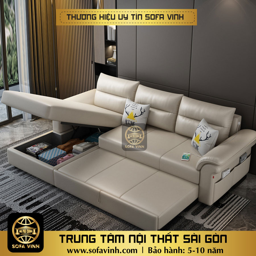 Bộ ghế sofa phòng khách có ngăn chứa đồ thông minh, bảo hành 5-10 năm, thương hiệu 20 năm SOFAVINH mã PC136, Sản xuất may đo theo yêu cầu, Giường sofa bọc da cao cấp, Bàn ghế sofa cao cấp nội thất