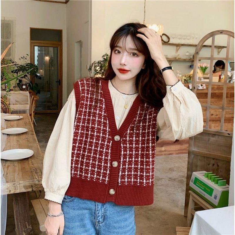 (Có sẵn) Áo gile cardigan đa năng mix sọc retro phong cách Vintage