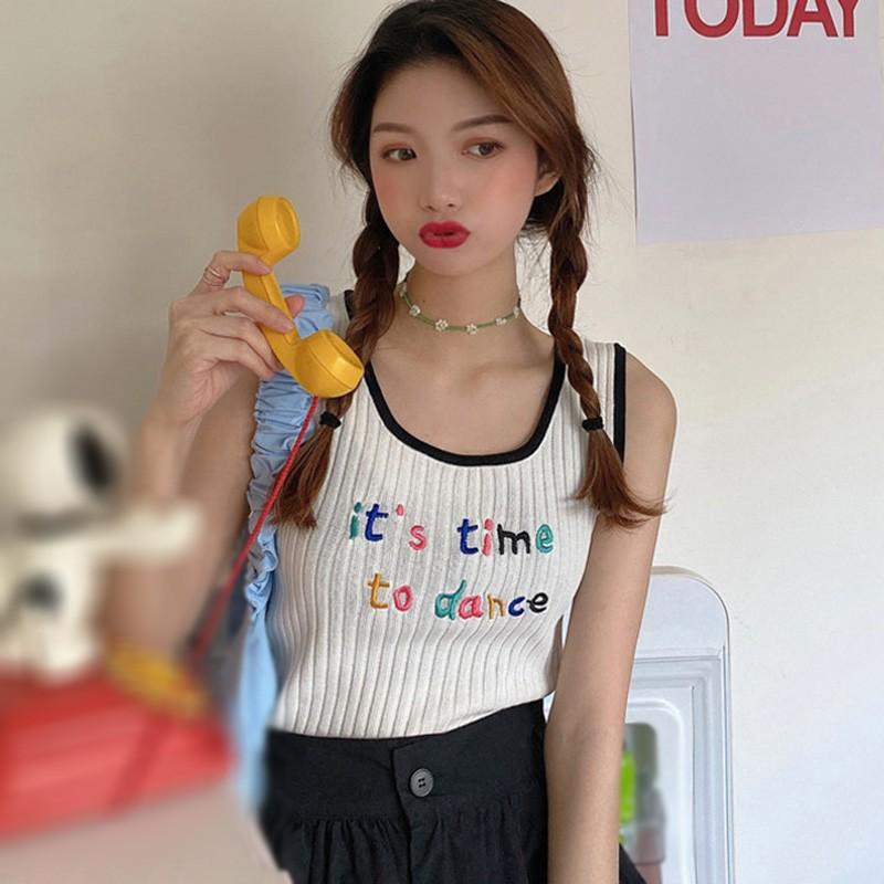 Áo Hai Dây Dệt Kim Thêu Chữ Phong Cách Hàn Quốc Cho Nữ